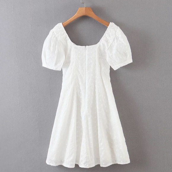 V Neck Crochet Eyelet LaceUp Boho Mini Dress White - Picture 6 of 11